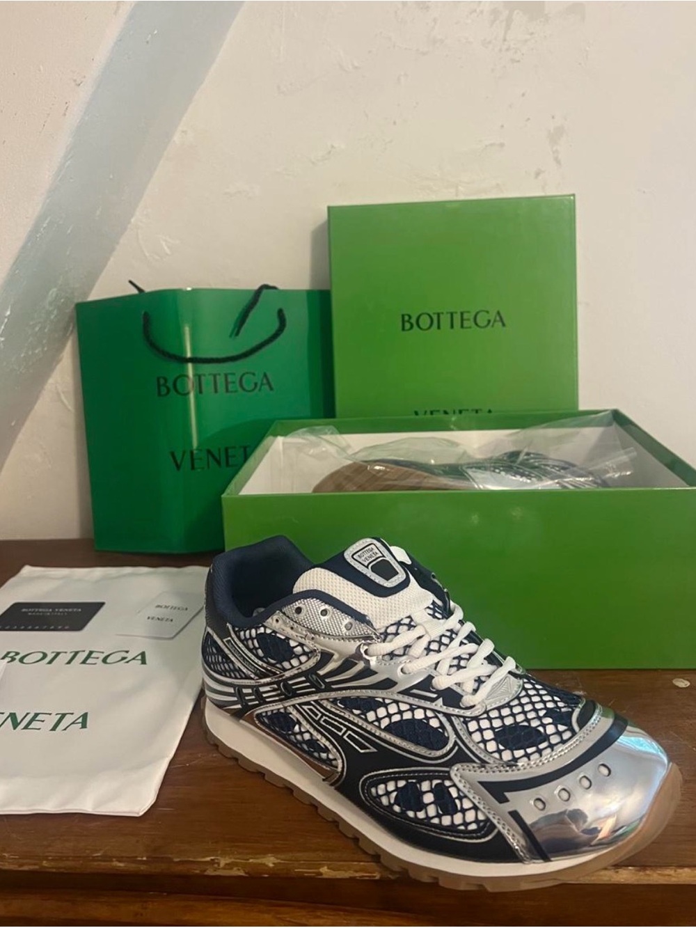 Bottega Veneta Men's Navy and Silver Metallic Runner Sneakers ( NO BOX)! (NO BOX